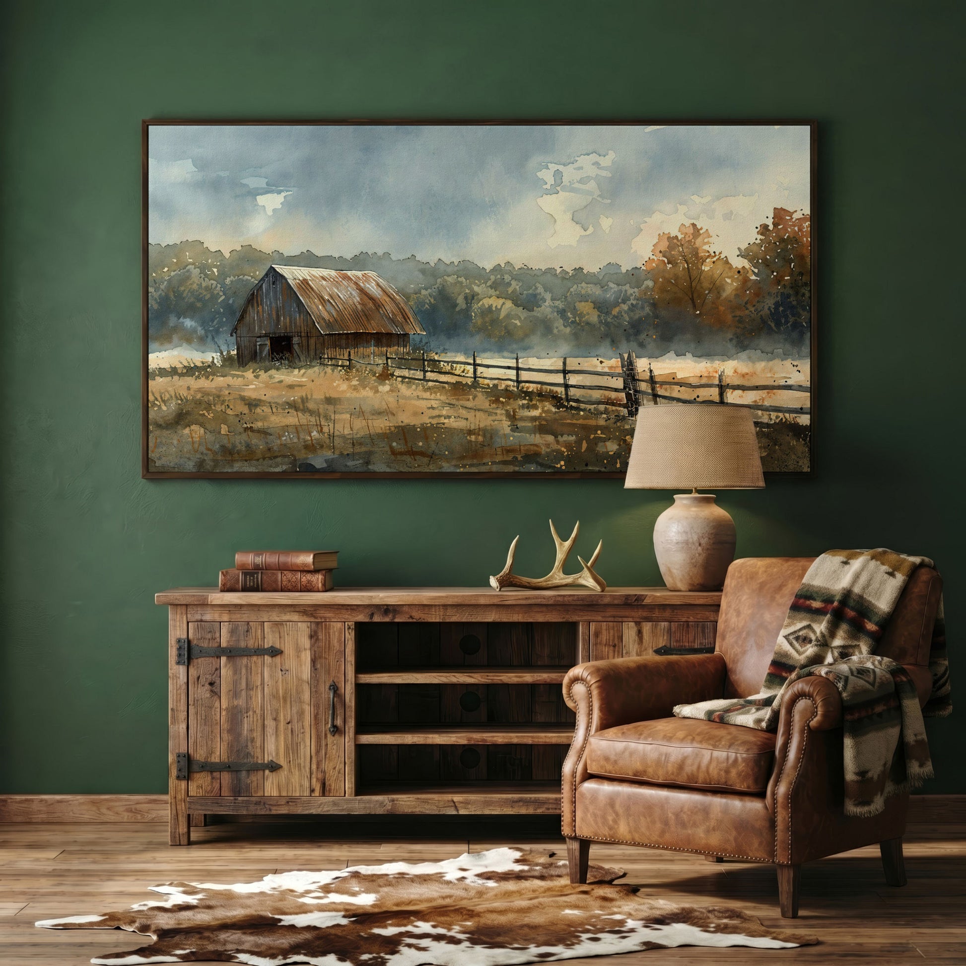 Rustic Autumn Country Barn Canvas in dark walnut floating frame