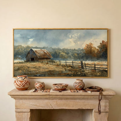 Rustic Autumn Country Barn Canvas in white oak floating frame