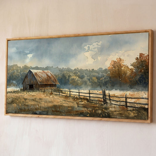 Rustic Autumn Country Barn Canvas shown in white oak floating frame