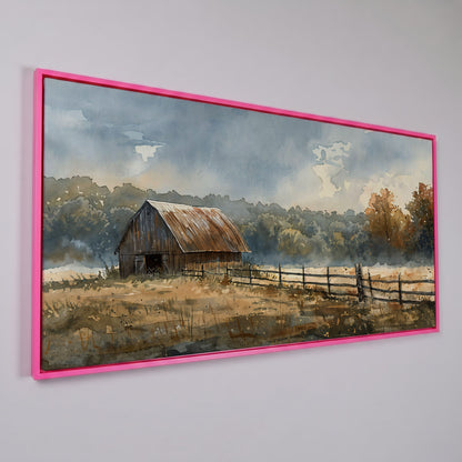 Rustic Autumn Country Barn Canvas in pink floating frame