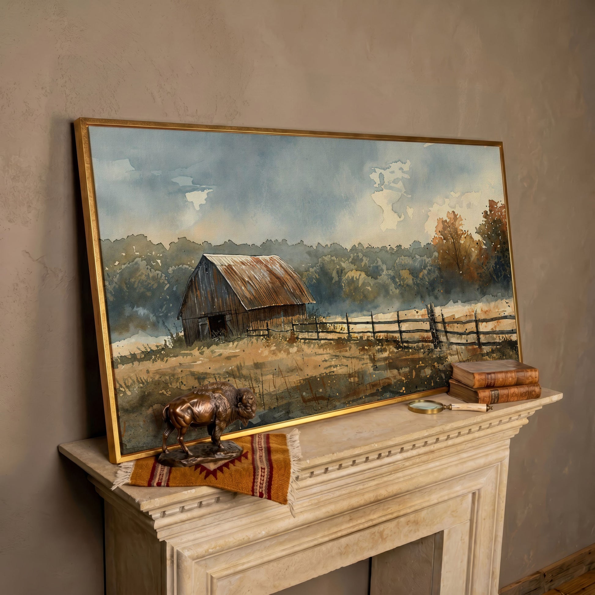 Rustic Autumn Country Barn Canvas in rose gold floating frame