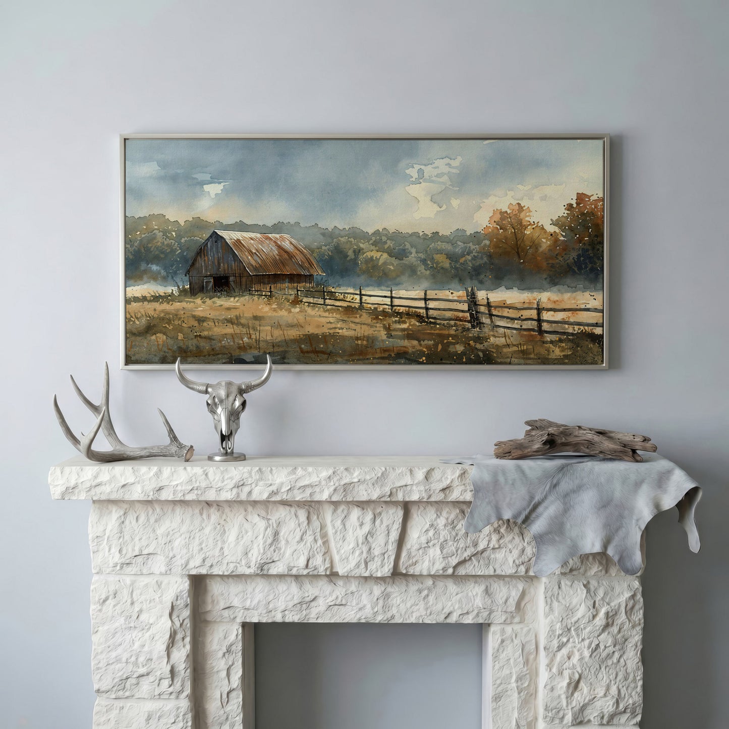 Rustic Autumn Country Barn Canvas in silver floating frame