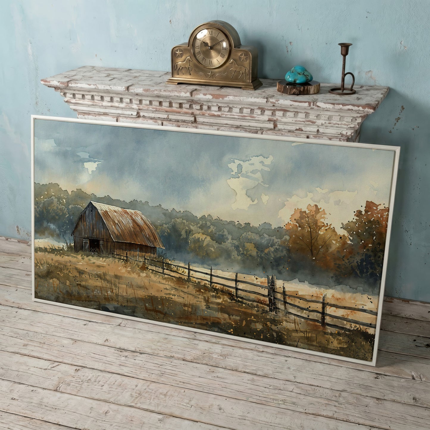 Rustic Autumn Country Barn Canvas in white floating frame