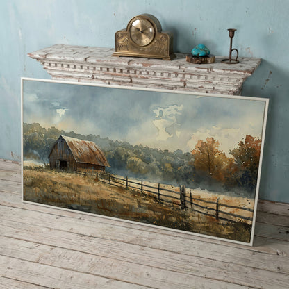 Rustic Autumn Country Barn Canvas in white floating frame