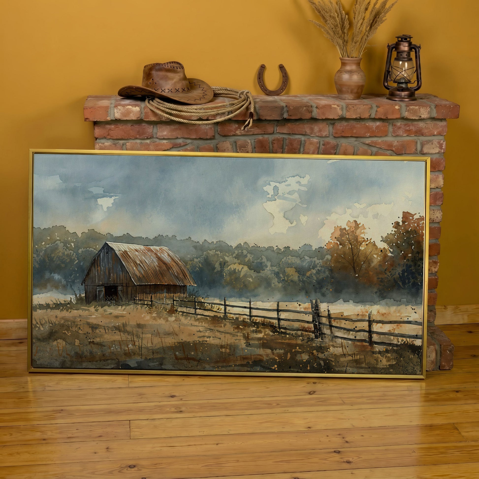 Rustic Autumn Country Barn Canvas in yellow gold floating frame