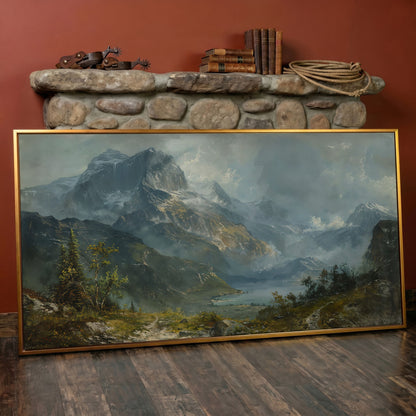Panoramic Mountain Landscape Canvas in antique gold floating frame