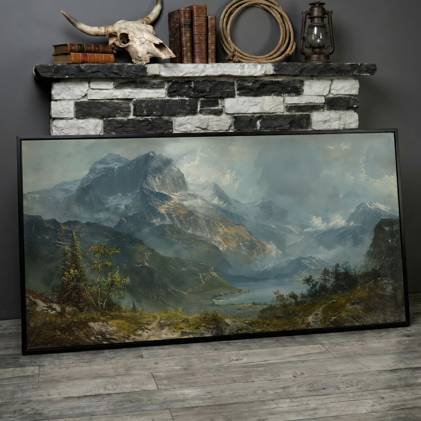 Panoramic Mountain Landscape Canvas in black floating frame