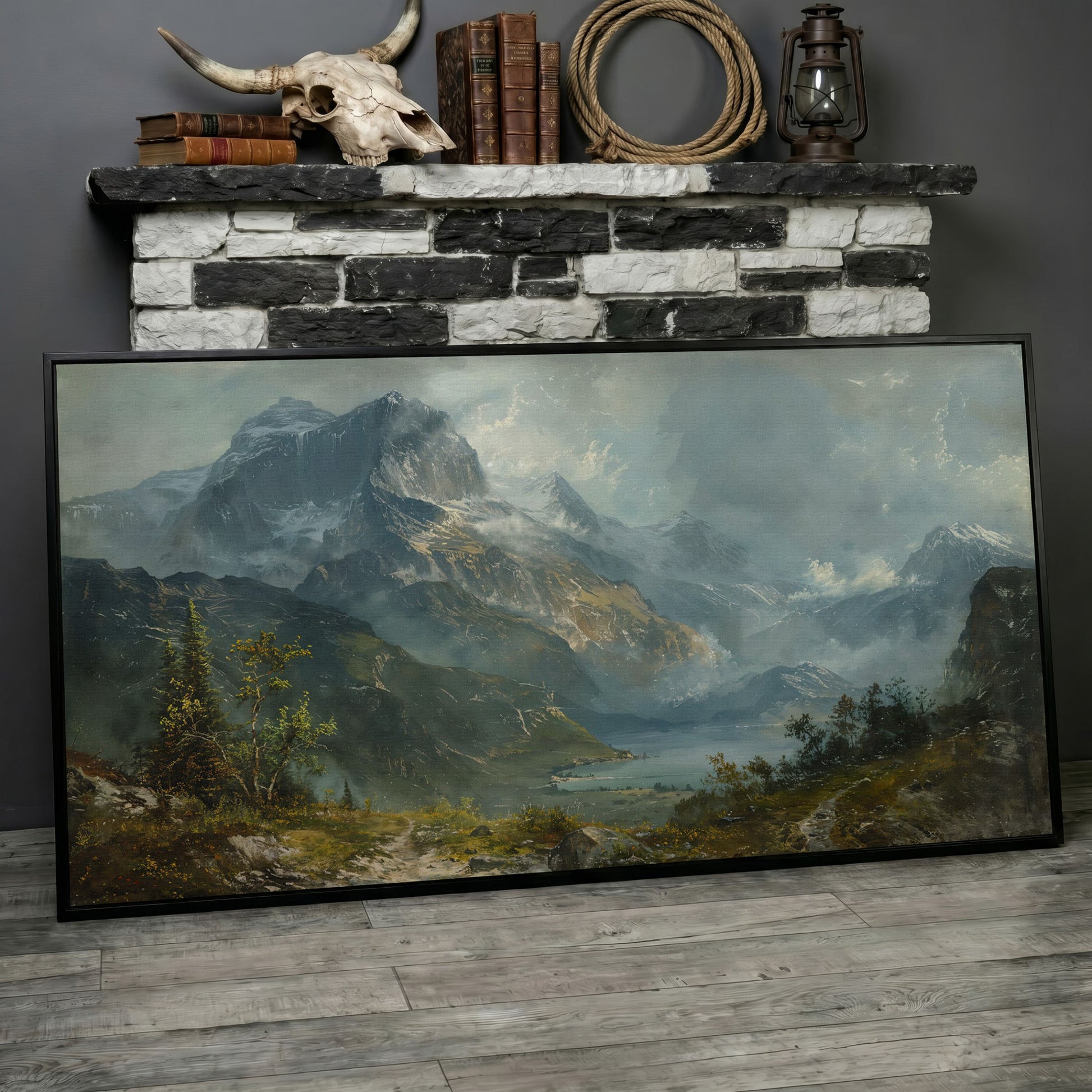 Panoramic Mountain Landscape Canvas in black floating frame