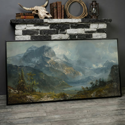 Panoramic Mountain Landscape Canvas in black floating frame