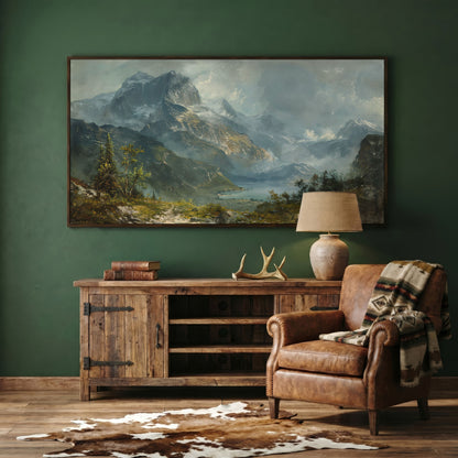 Panoramic Mountain Landscape Canvas in dark walnut floating frame