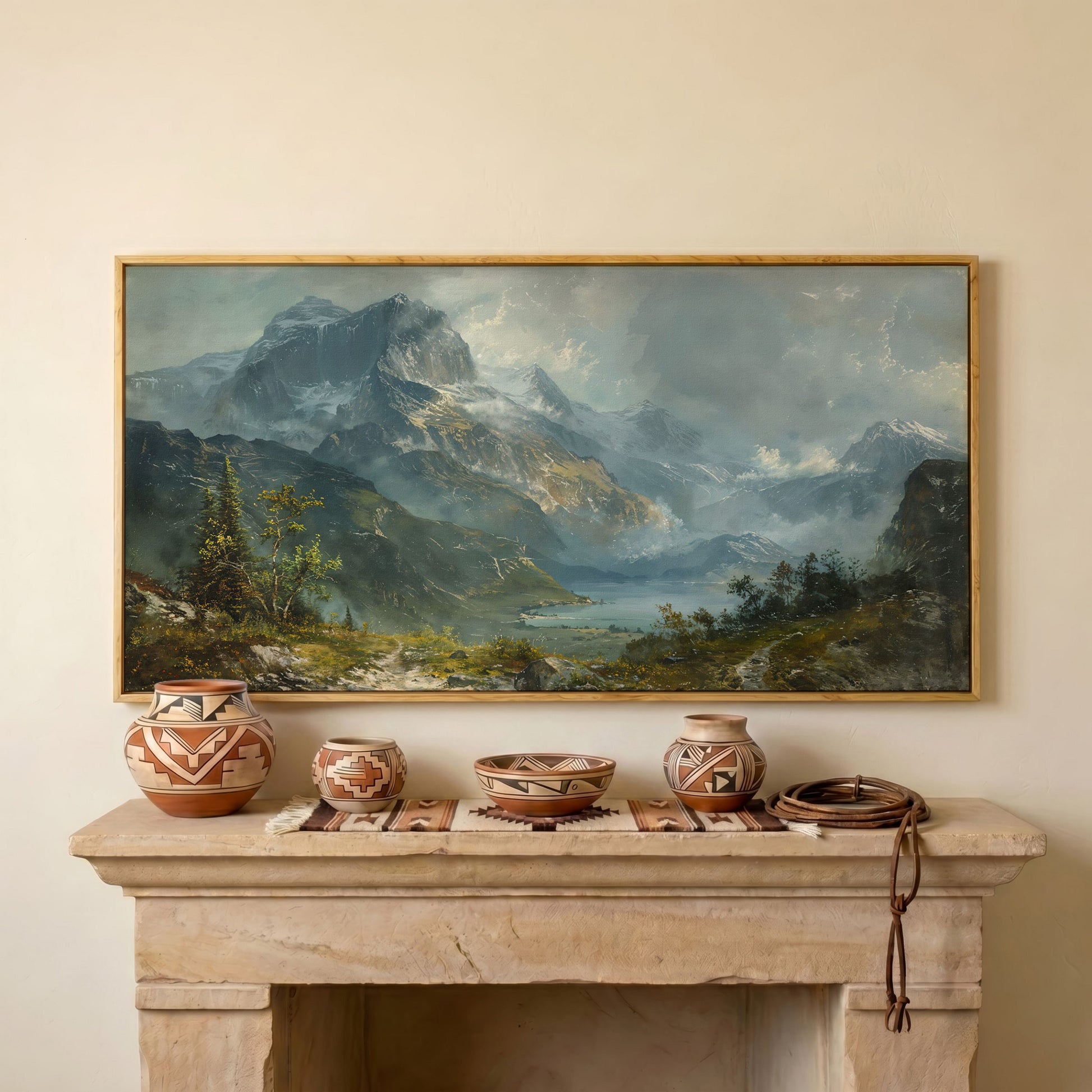 Panoramic Mountain Landscape Canvas in white oak floating frame