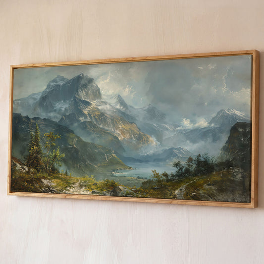 Panoramic Mountain Landscape Canvas shown in white oak floating frame
