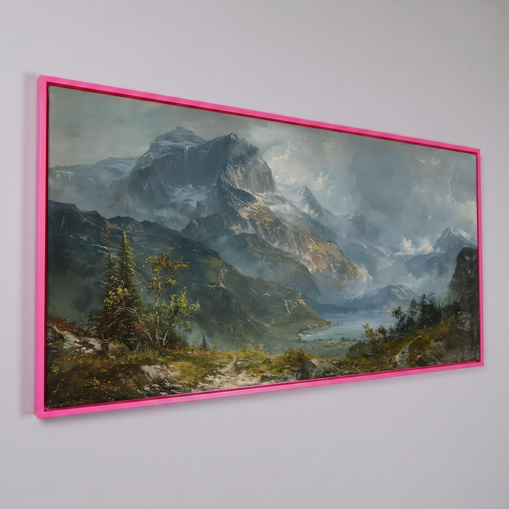 Panoramic Mountain Landscape Canvas in pink floating frame