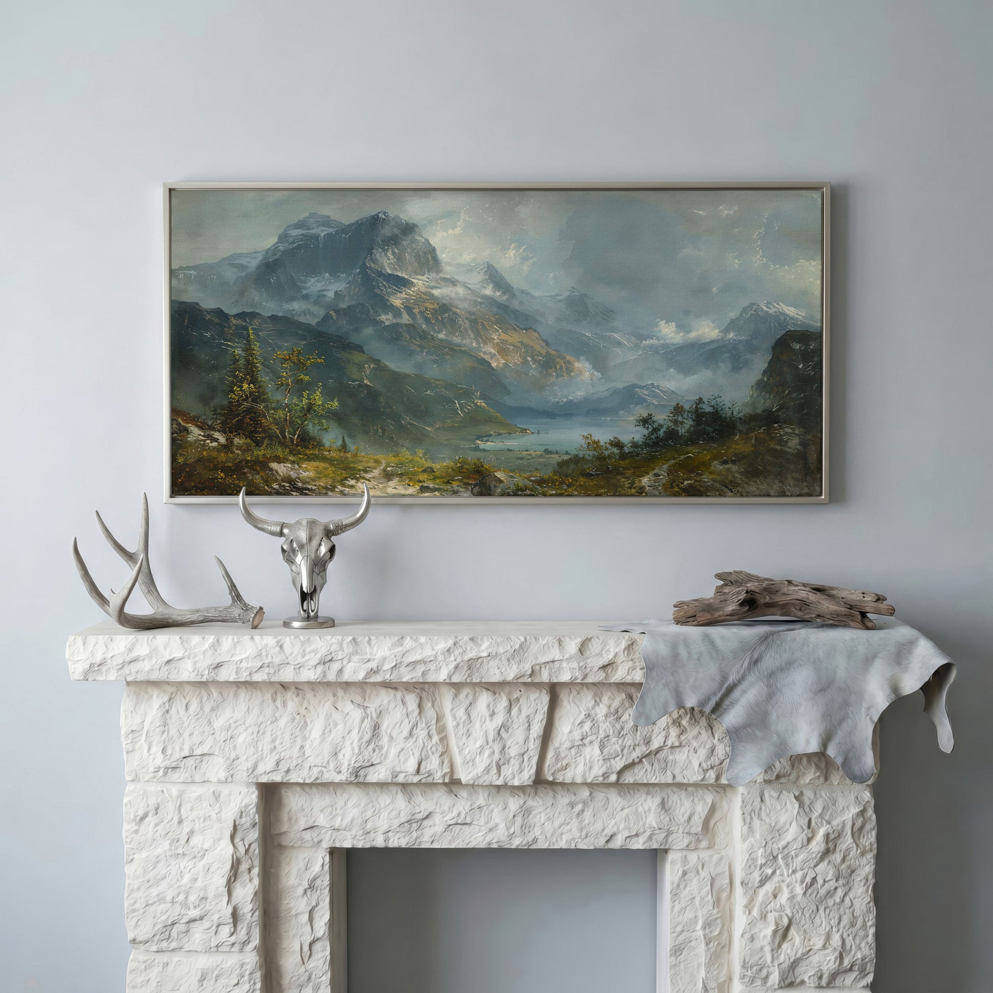 Panoramic Mountain Landscape Canvas in silver floating frame