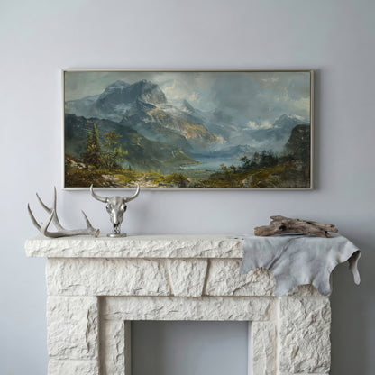 Panoramic Mountain Landscape Canvas in silver floating frame