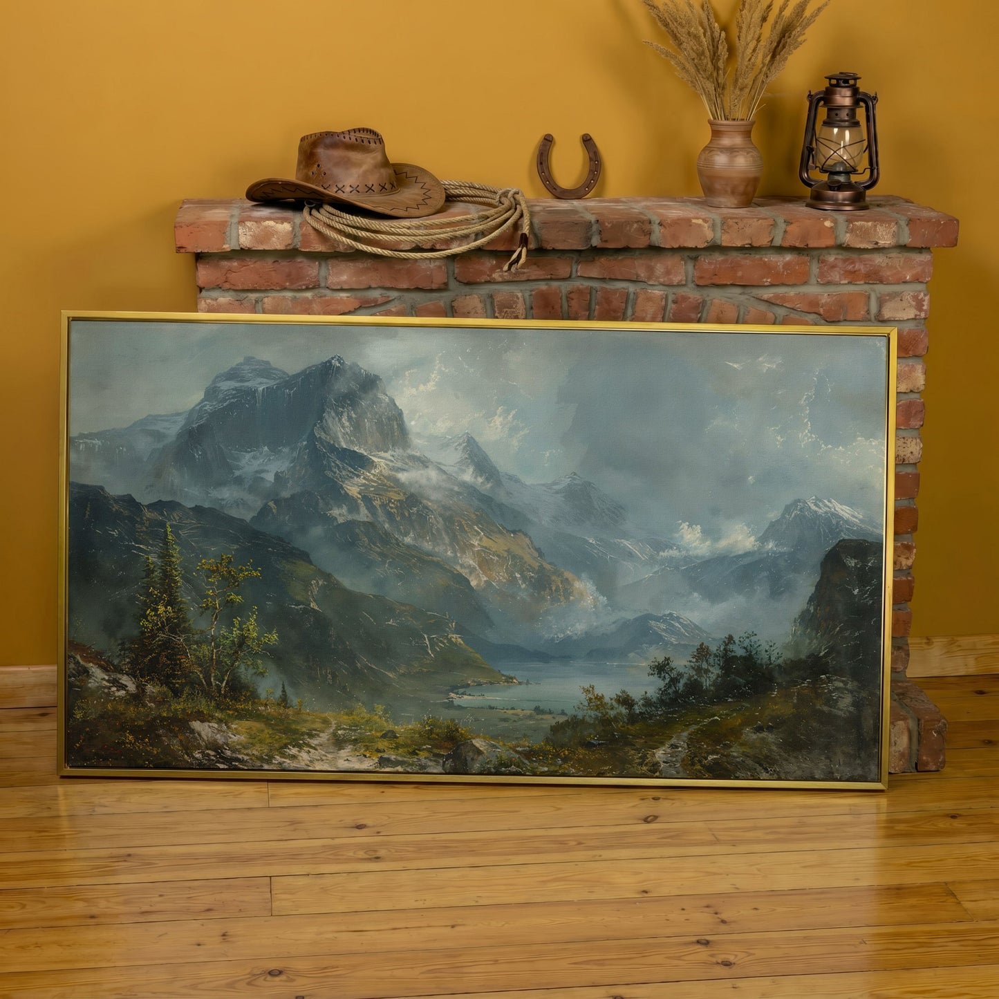 Panoramic Mountain Landscape Canvas in yellow gold floating frame
