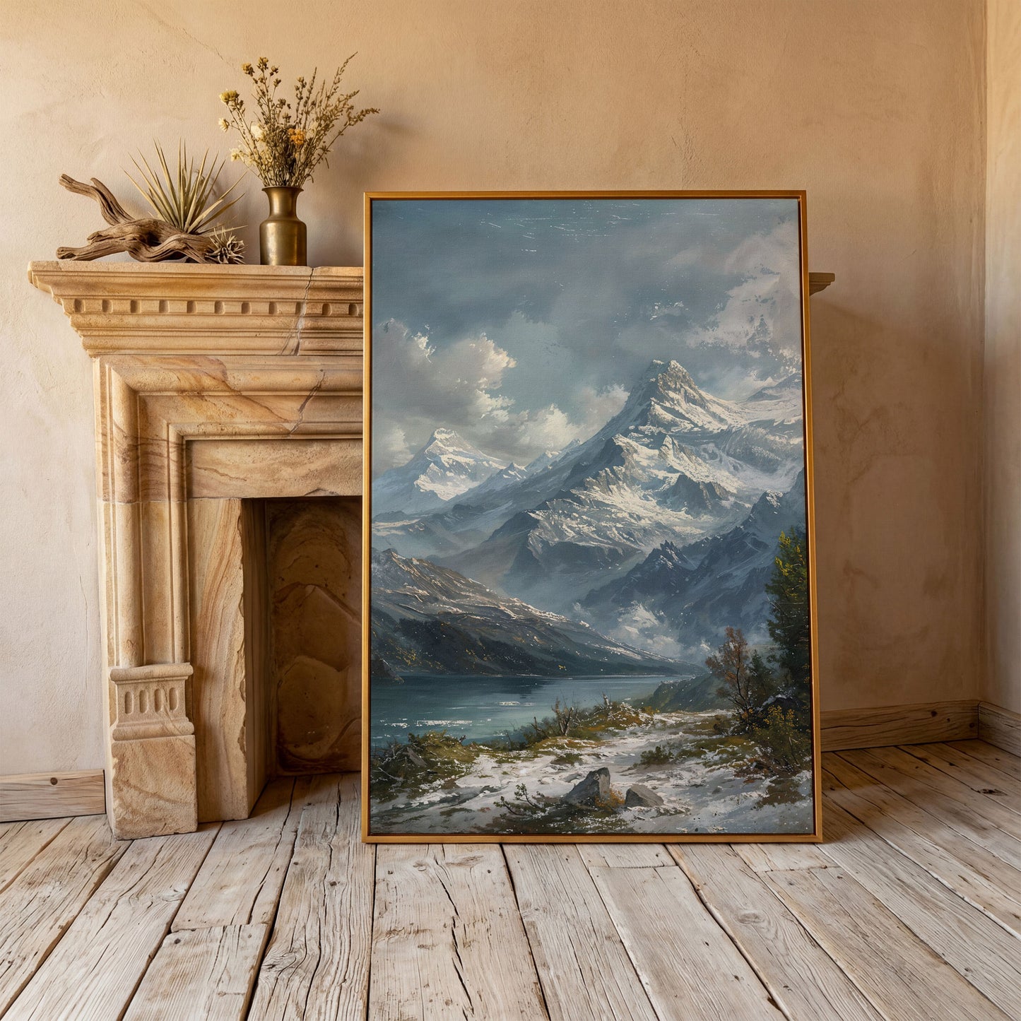 Snowy Mountain with Frozen Lake Canvas Print in antique gold floating frame