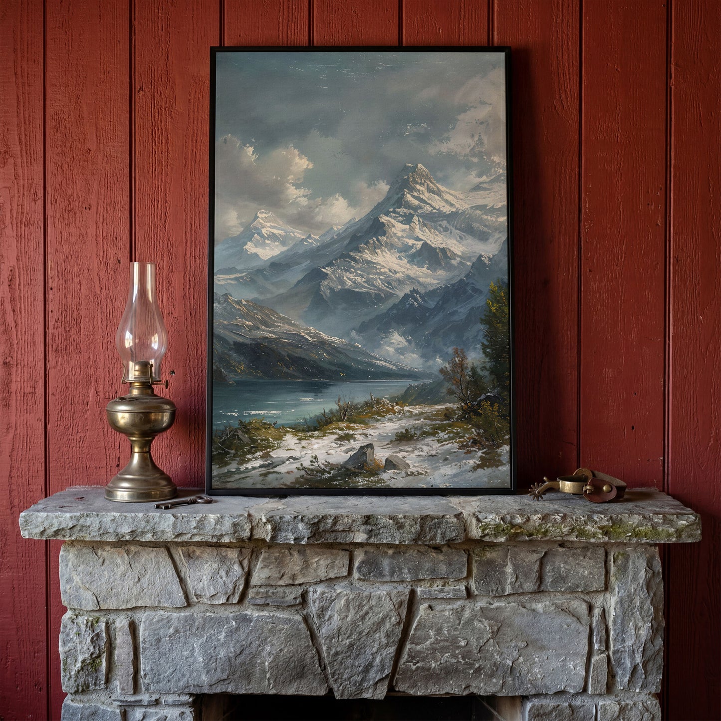 Snowy Mountain with Frozen Lake Canvas Print in black floating frame