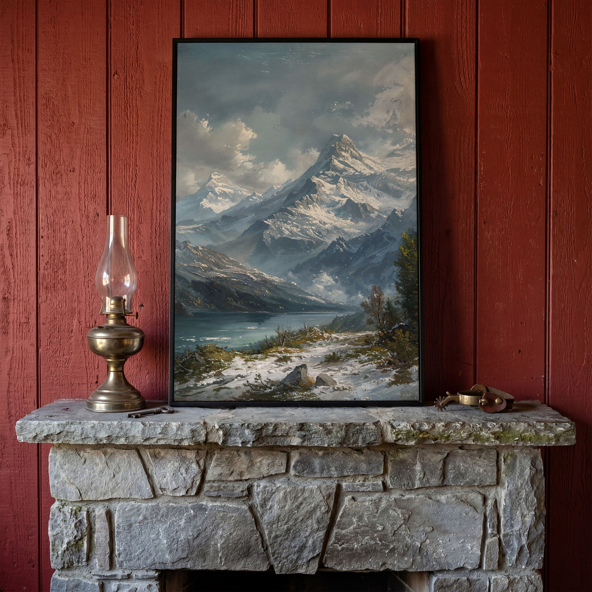 Snowy Mountain with Frozen Lake Canvas Print in black floating frame