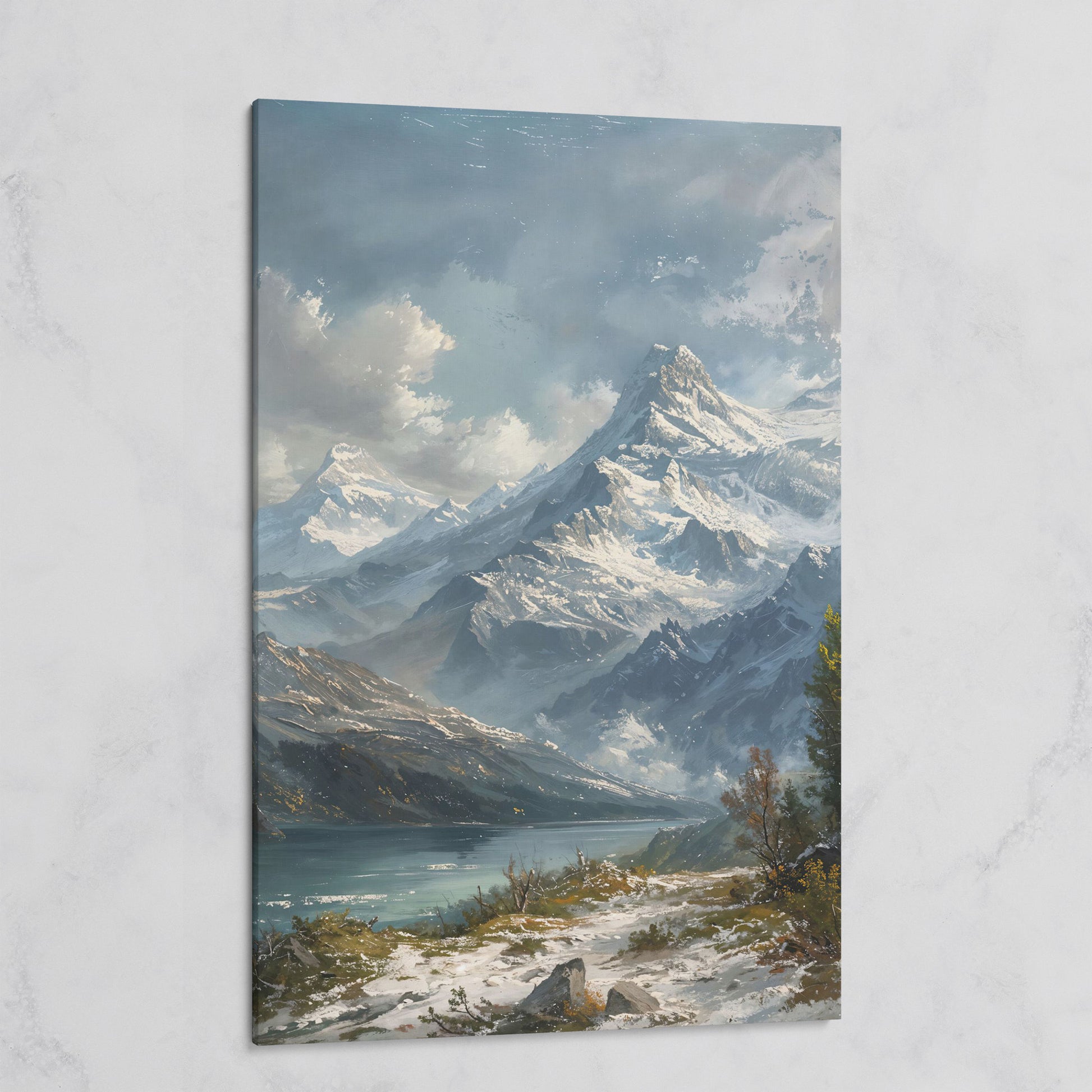 Snowy Mountain with Frozen Lake Canvas Print on gallery wrap