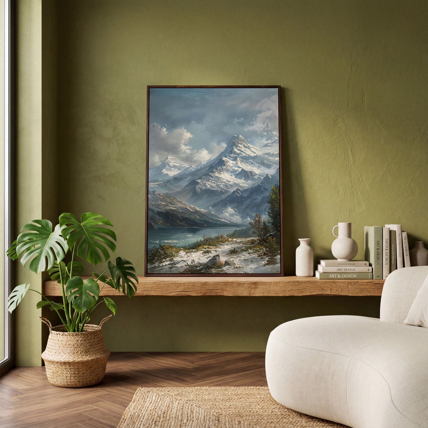 Snowy Mountain with Frozen Lake Canvas Print in dark walnut floating frame