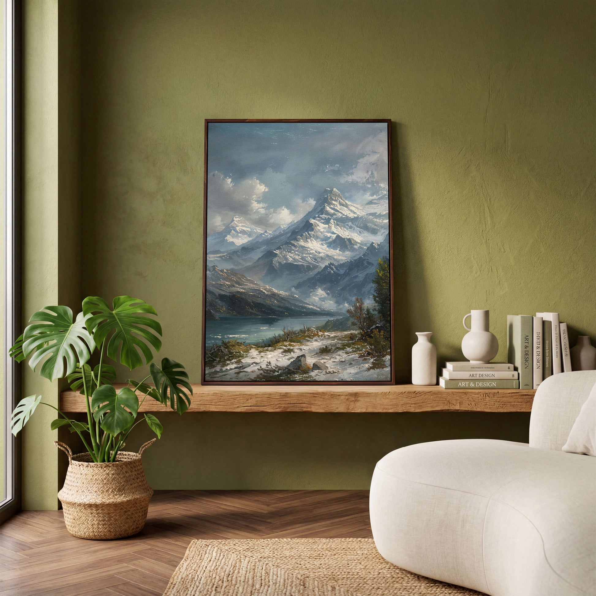 Snowy Mountain with Frozen Lake Canvas Print in dark walnut floating frame