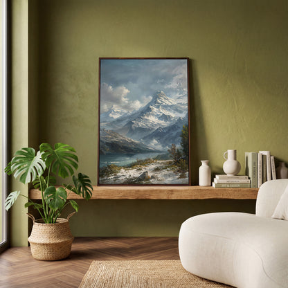 Snowy Mountain with Frozen Lake Canvas Print in dark walnut floating frame
