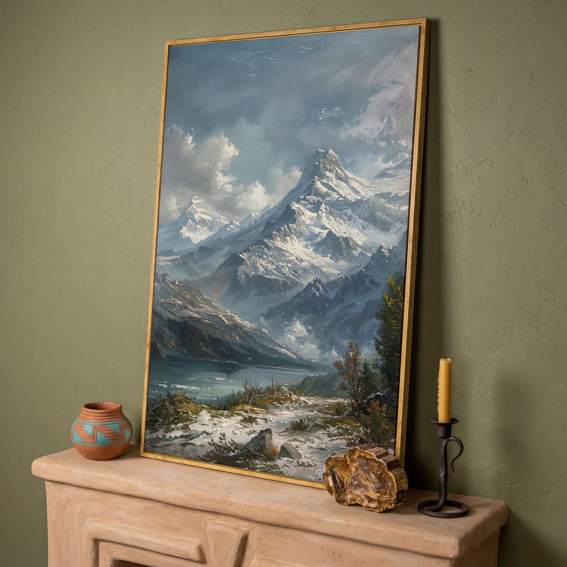 Snowy Mountain with Frozen Lake Canvas Print in white oak floating frame