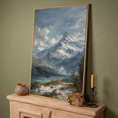 Snowy Mountain with Frozen Lake Canvas Print in white oak floating frame