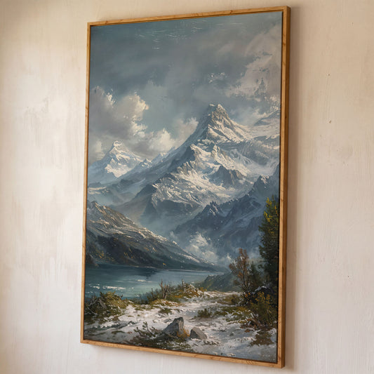 Snowy Mountain with Frozen Lake Canvas Print shown in white oak floating frame
