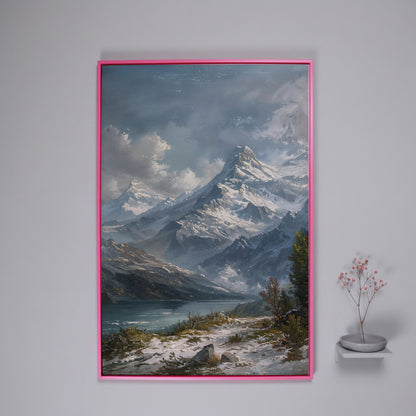 Snowy Mountain with Frozen Lake Canvas Print in pink floating frame