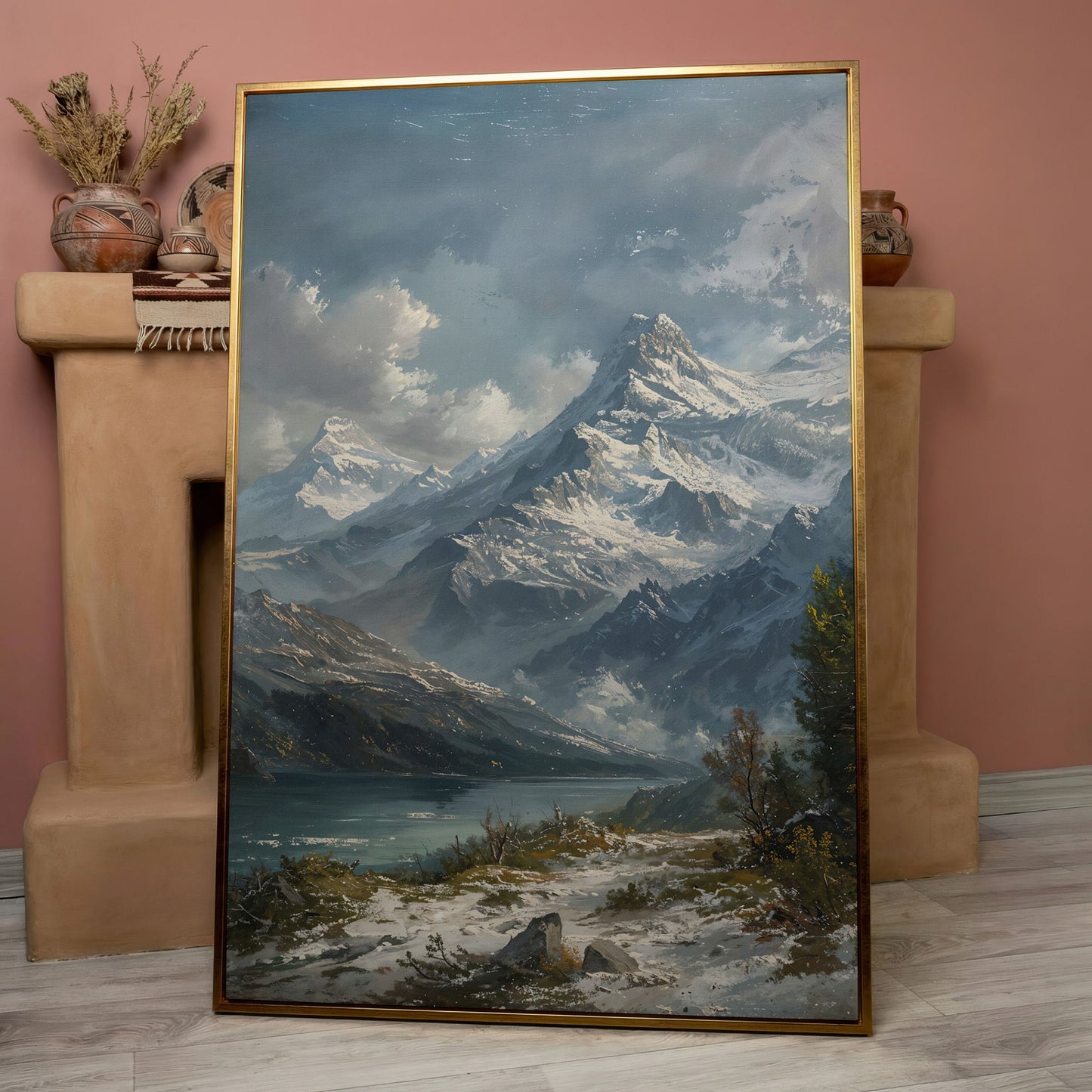 Snowy Mountain with Frozen Lake Canvas Print in rose gold floating frame