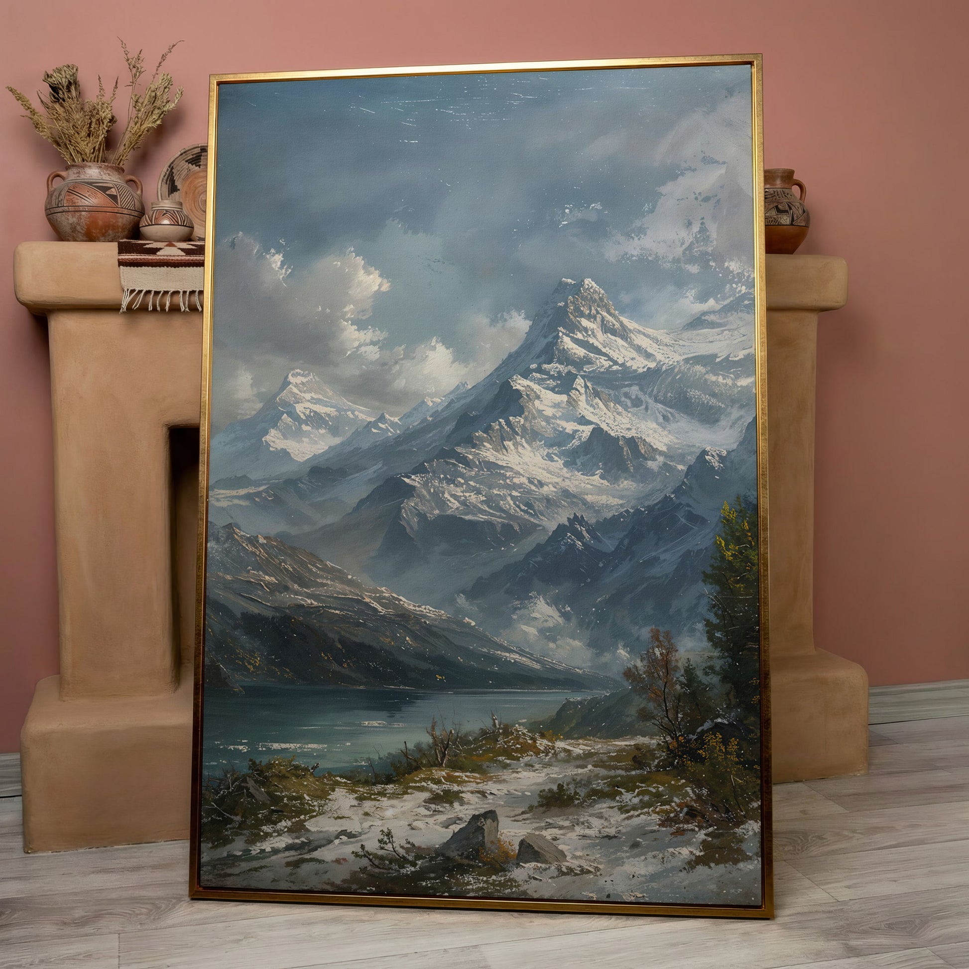 Snowy Mountain with Frozen Lake Canvas Print in rose gold floating frame