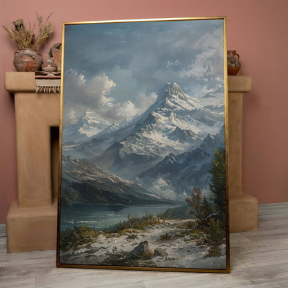Snowy Mountain with Frozen Lake Canvas Print in rose gold floating frame