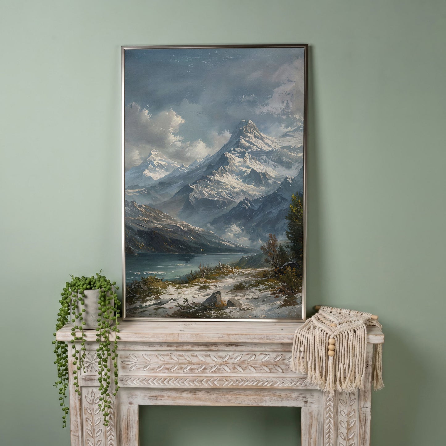 Snowy Mountain with Frozen Lake Canvas Print in silver floating frame