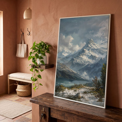 Snowy Mountain with Frozen Lake Canvas Print in white floating frame