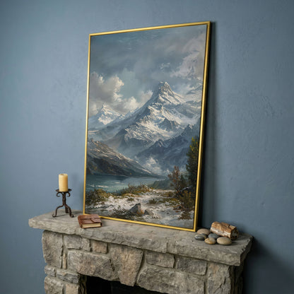 Snowy Mountain with Frozen Lake Canvas Print in yellow gold floating frame