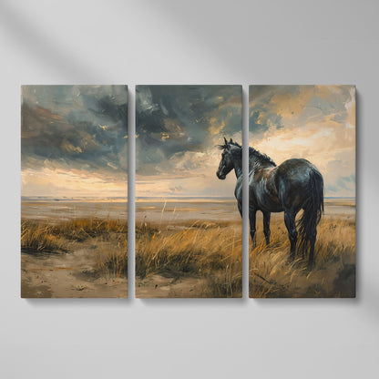 Black Horse in Golden Field Canvas as 3-panel split version