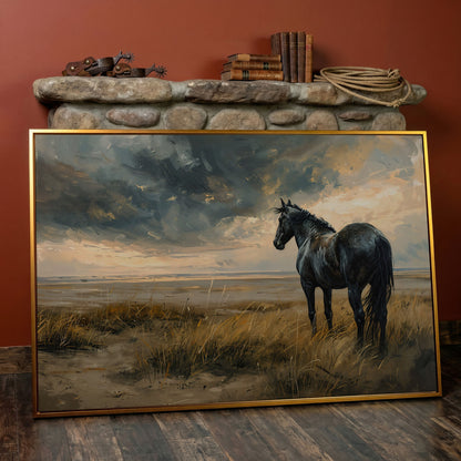 Black Horse in Golden Field Canvas in antique gold floating frame