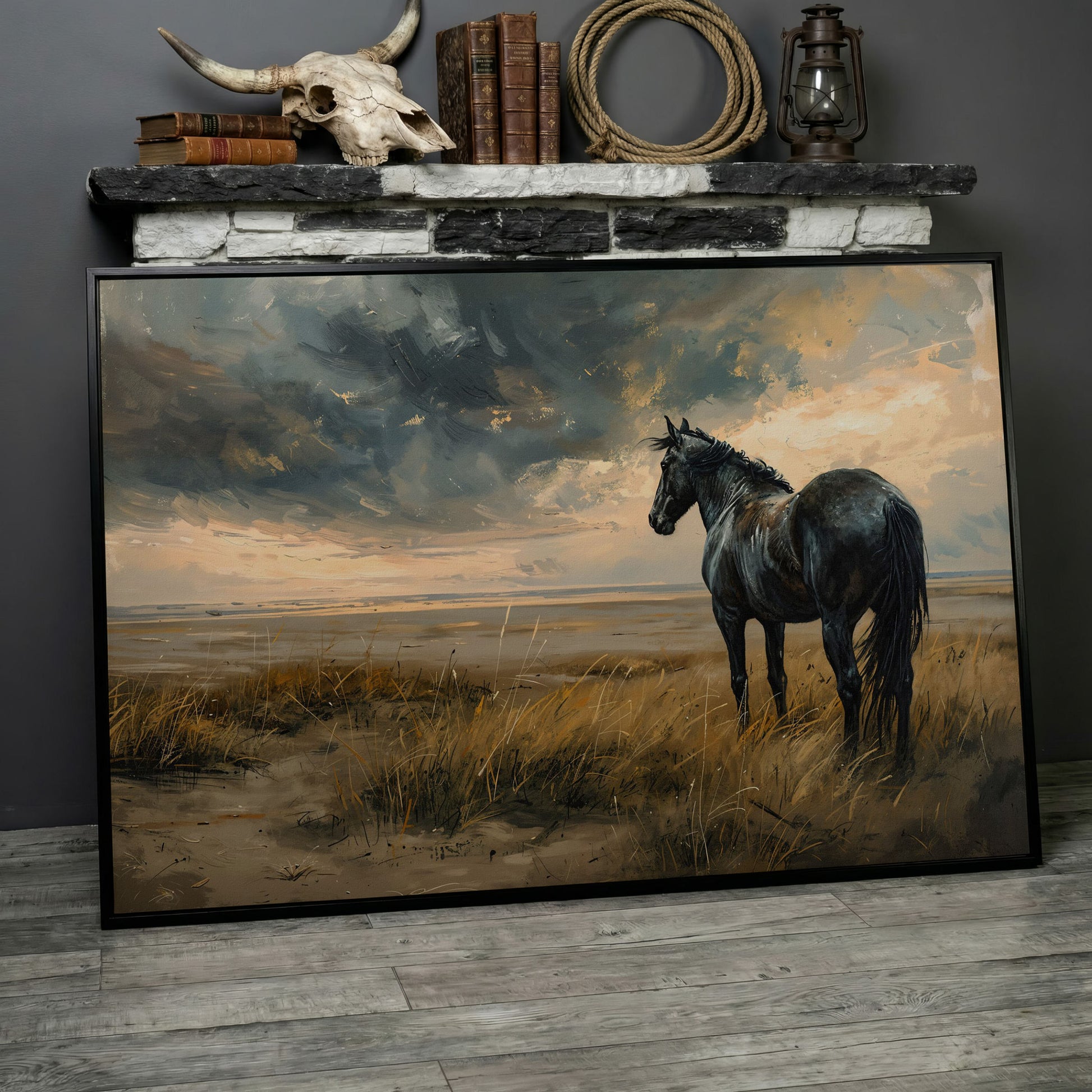 Black Horse in Golden Field Canvas in black floating frame
