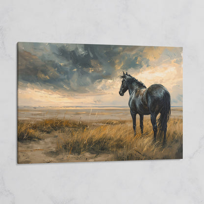 Black Horse in Golden Field Canvas on gallery wrap