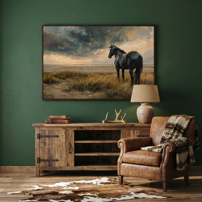 Black Horse in Golden Field Canvas in dark walnut floating frame