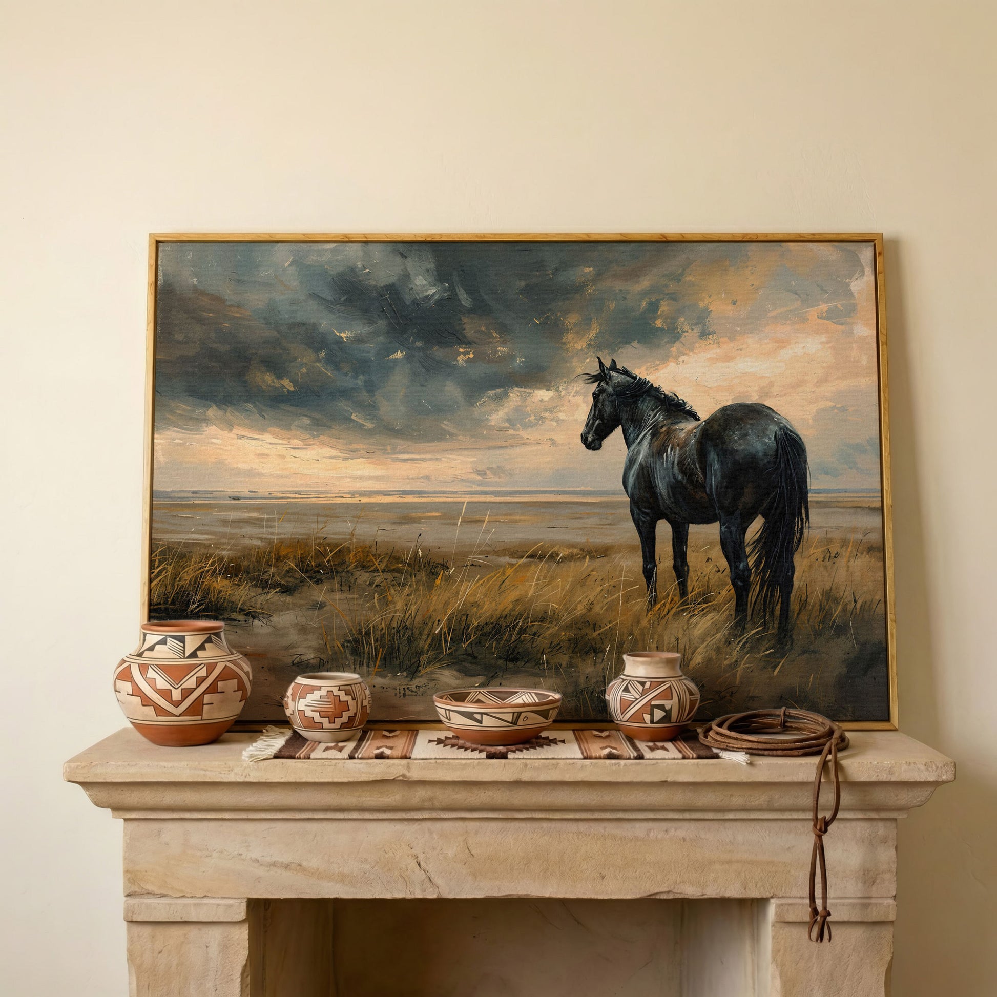 Black Horse in Golden Field Canvas in white oak floating frame