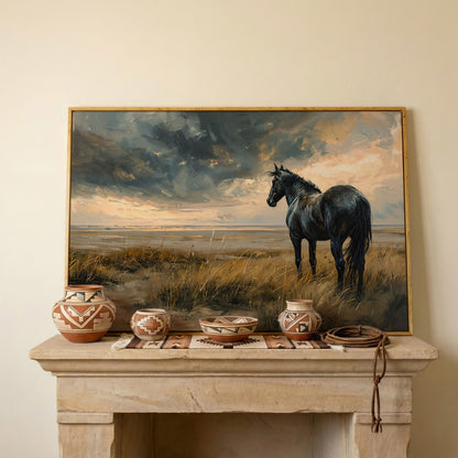 Black Horse in Golden Field Canvas in white oak floating frame