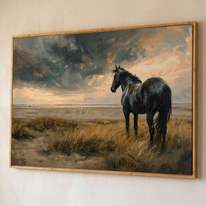 Black Horse in Golden Field Canvas shown in white oak floating frame