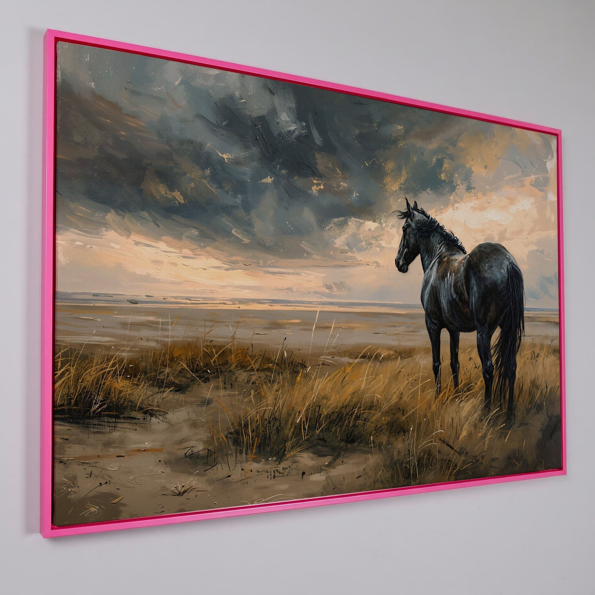 Black Horse in Golden Field Canvas in pink floating frame
