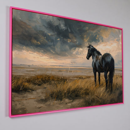 Black Horse in Golden Field Canvas in pink floating frame