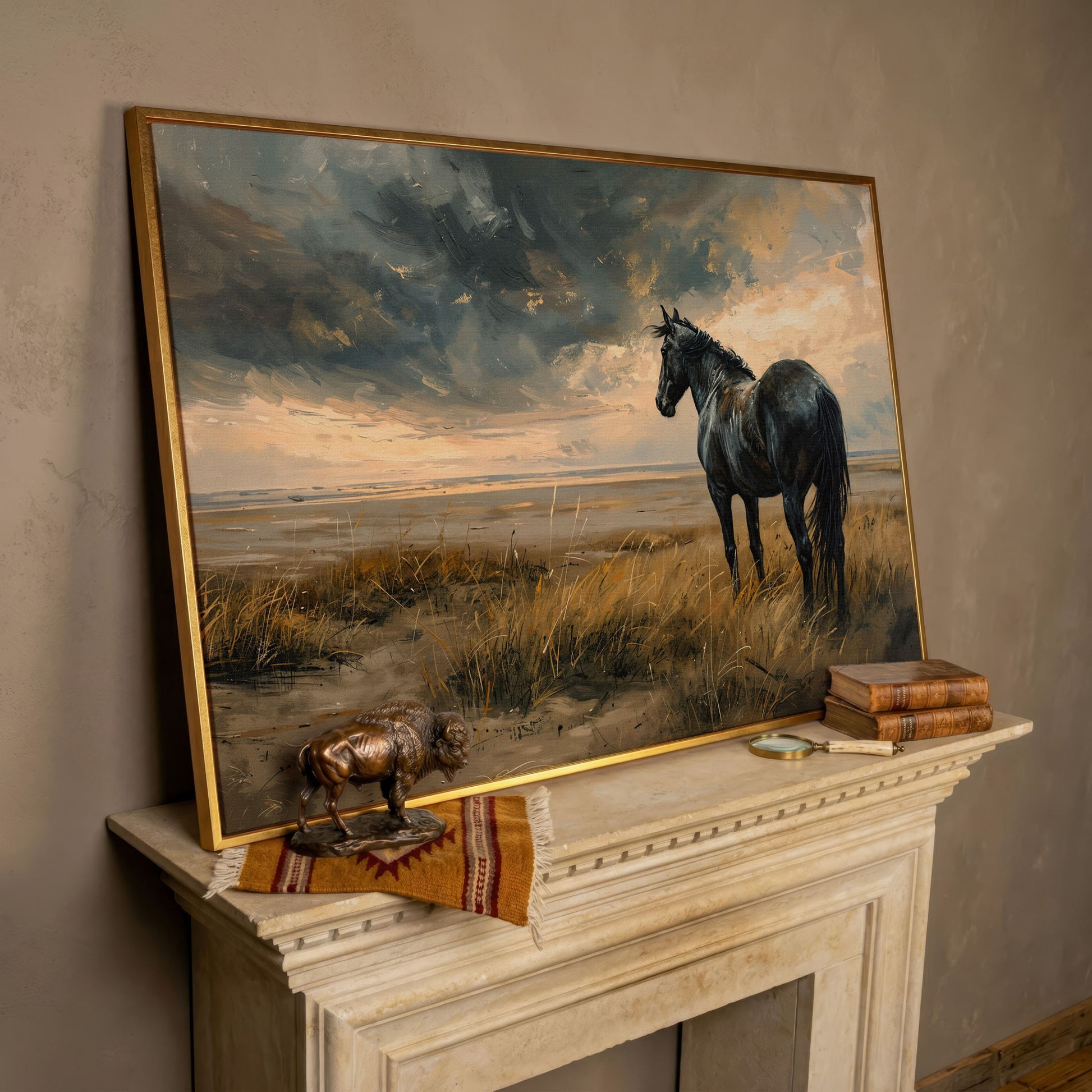Black Horse in Golden Field Canvas in rose gold floating frame
