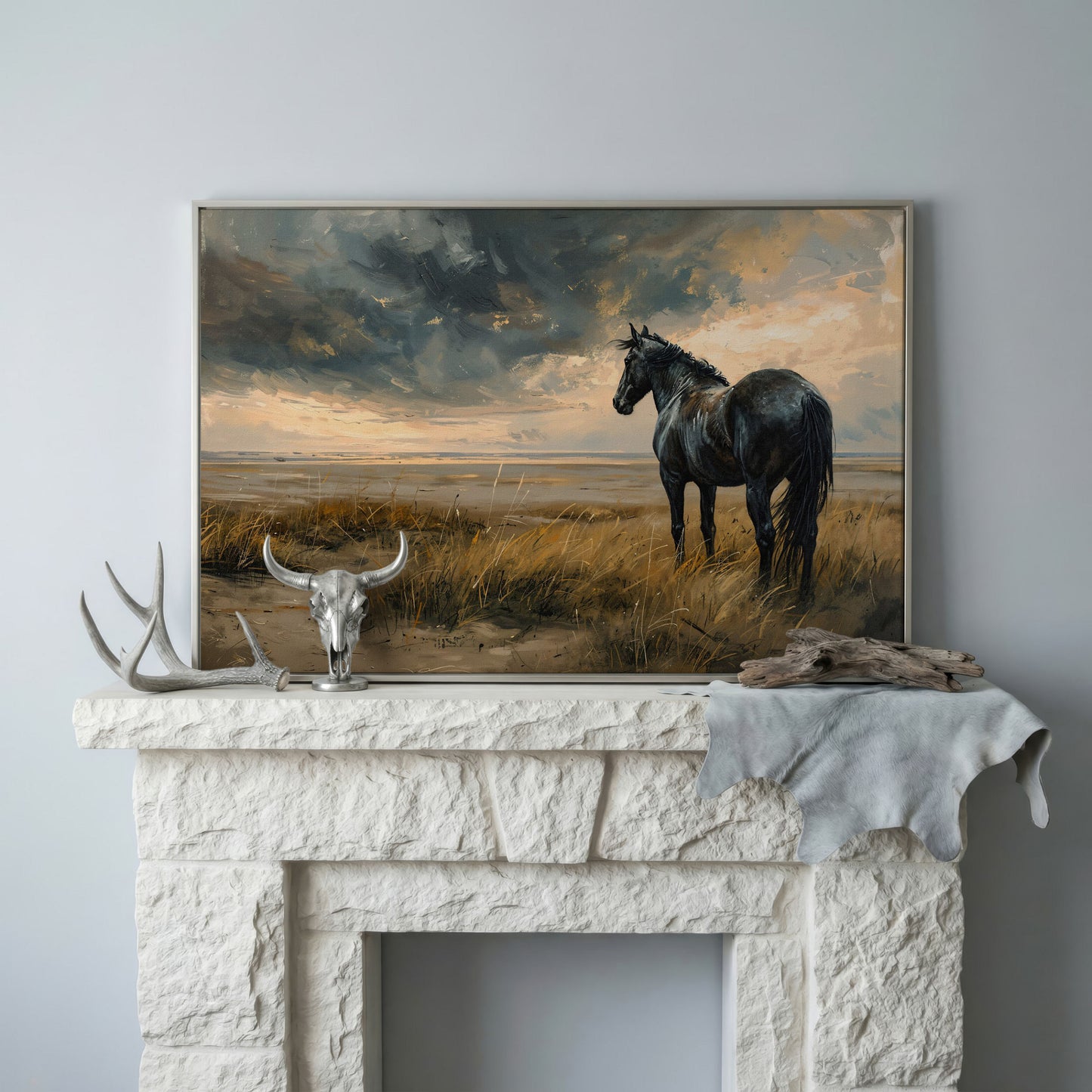 Black Horse in Golden Field Canvas in silver floating frame