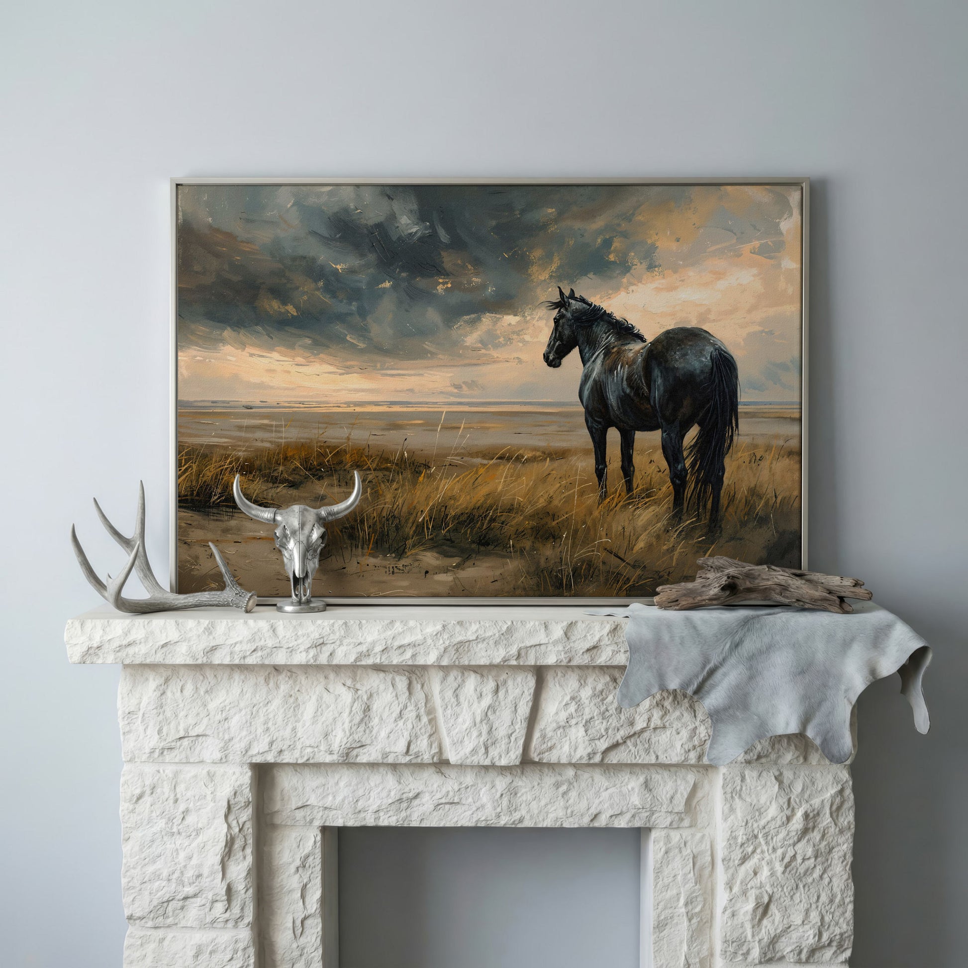 Black Horse in Golden Field Canvas in silver floating frame